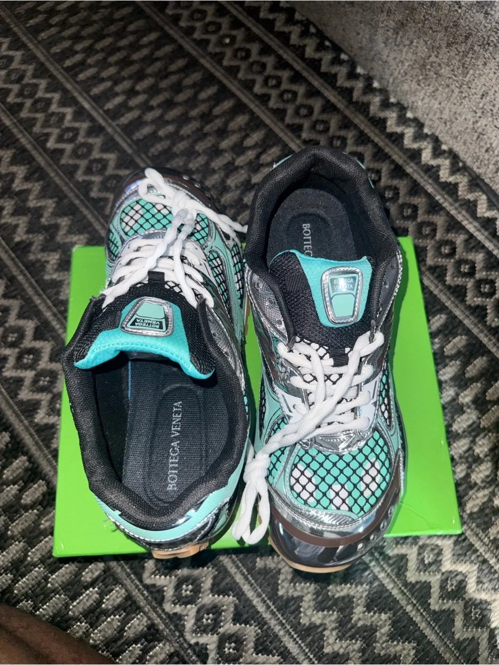 Bottega Veneta Mint Green, Black & Silver Chunky Mesh Sneakers